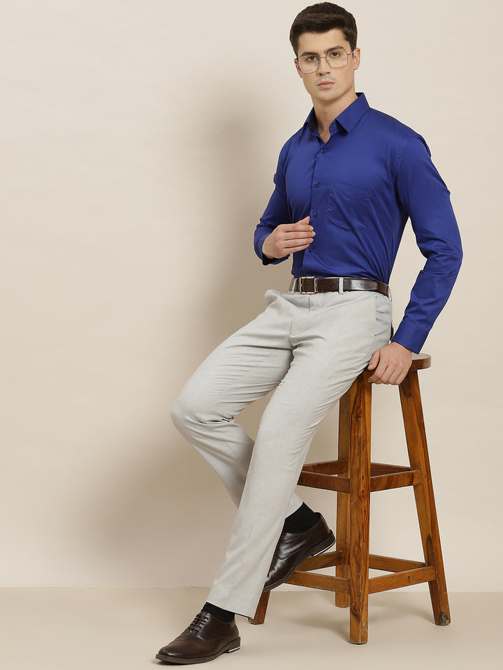 Men Blue Solid Pure Cotton Slim Fit Formal Shirt