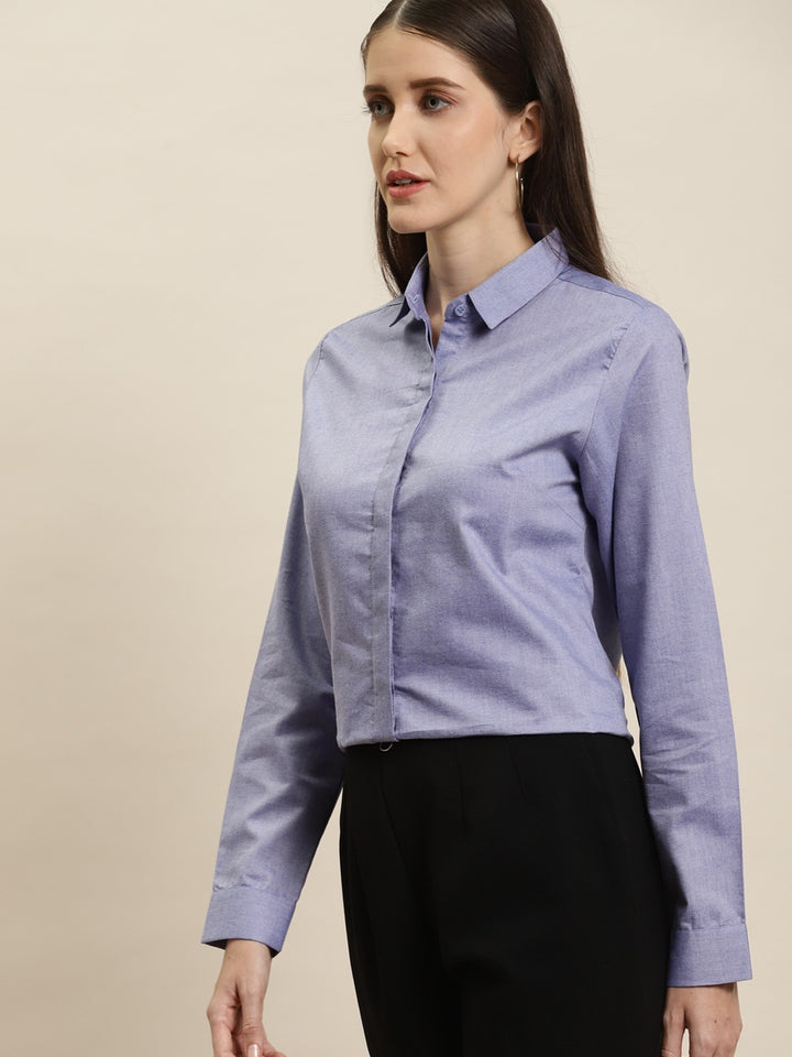 Women Blue Solid Chambray Cotton Rich Slim Fit Formal Shirt