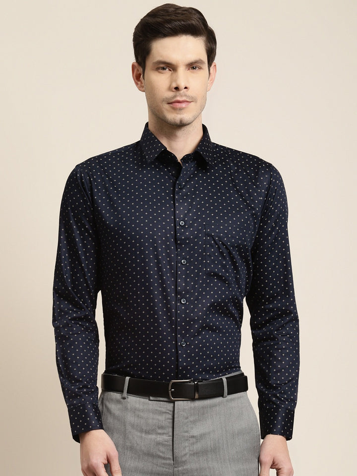 Men Navy Blue Prints Pure Cotton Slim Fit Formal Shirt