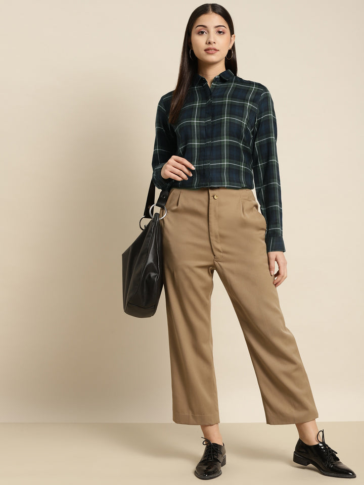 Women Navy & Green Checked Pure Cotton Regular Fit Formal Shirt