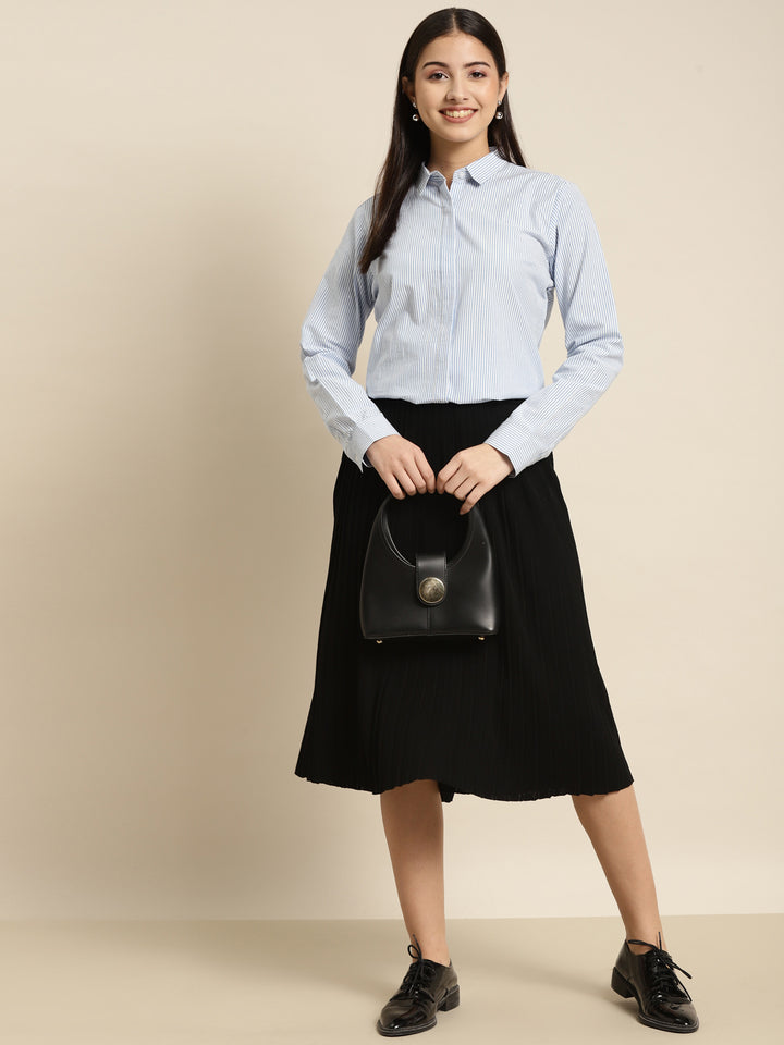 Women Blue & White Striped Pure Cotton Regular Fit Formal Shirt