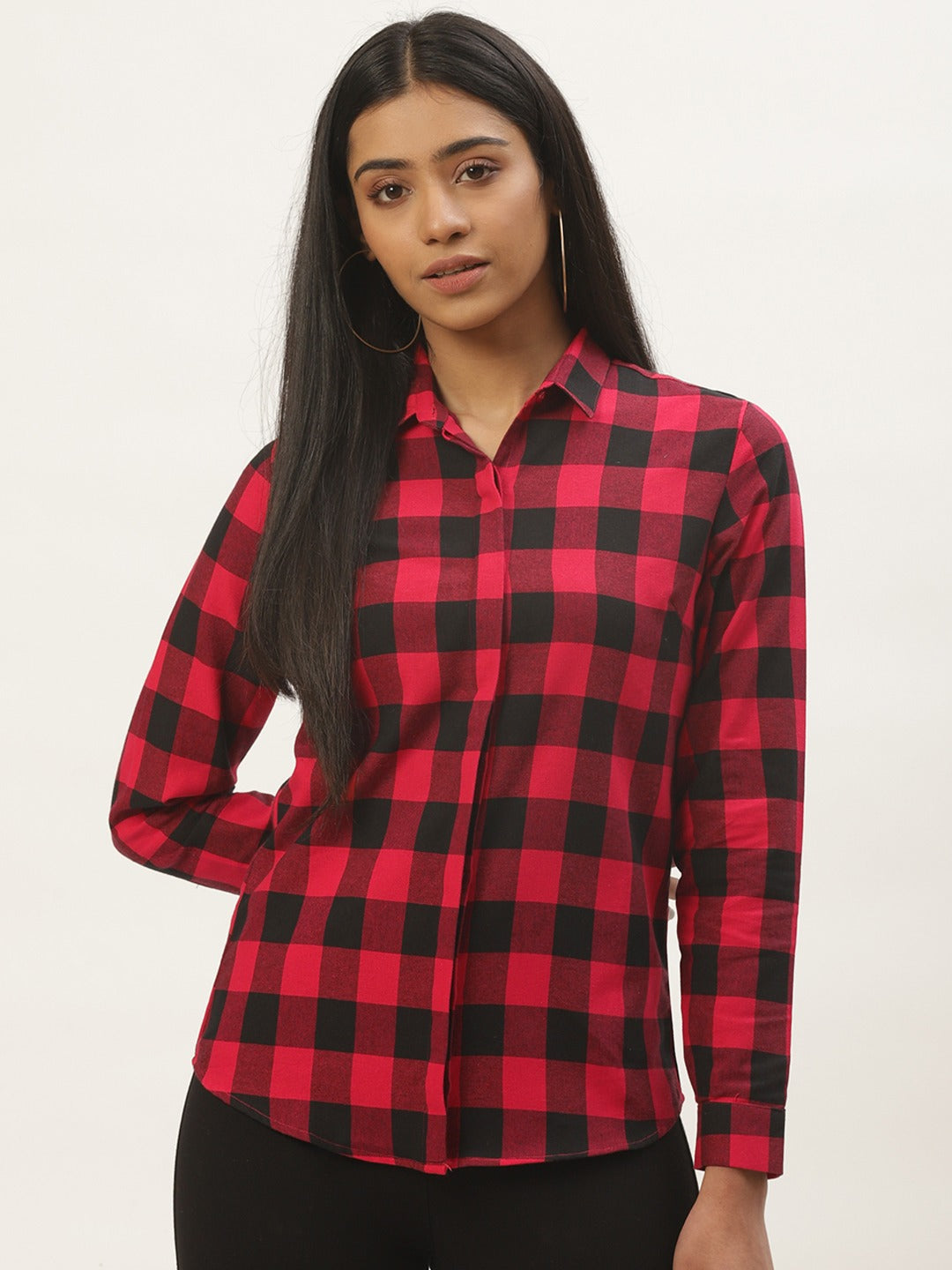 Women Red BLack Checks Pure Cotton Slim Fit Formal Shirt