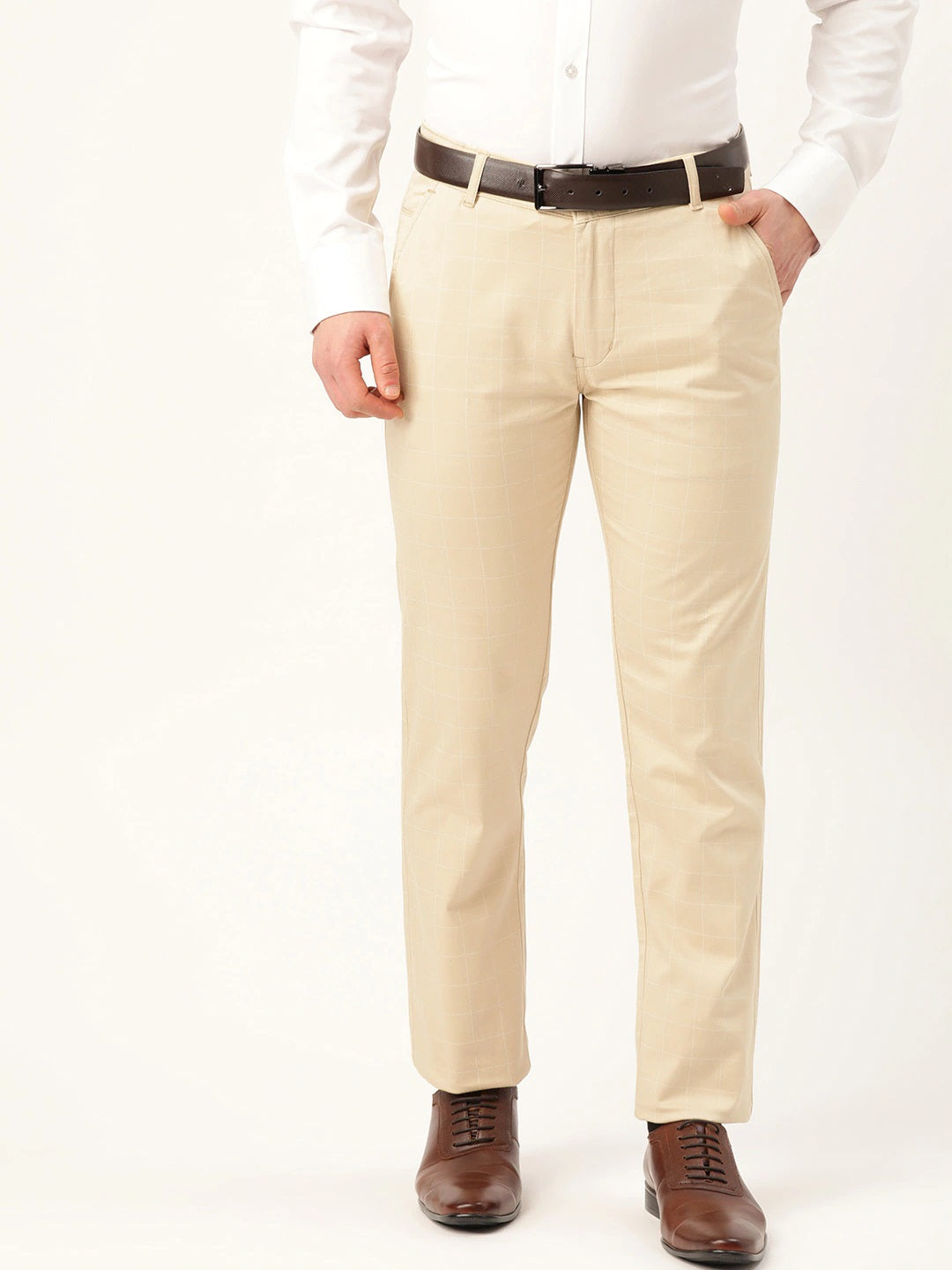 Men Dark Beige Checks Cotton Elastene Slim Fit Formal Trouser