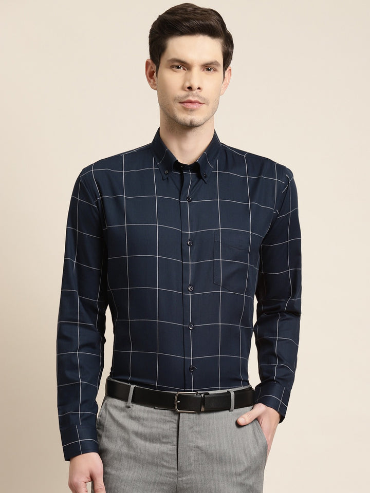 Men Navy Blue Checks Pure Cotton Slim Fit Formal Shirt