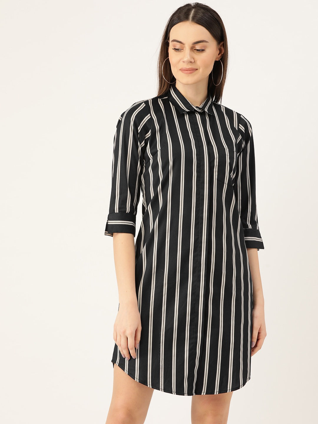 Hancock Women Black & Grey Stripes Pure Cotton Regular Fit Formal Dress