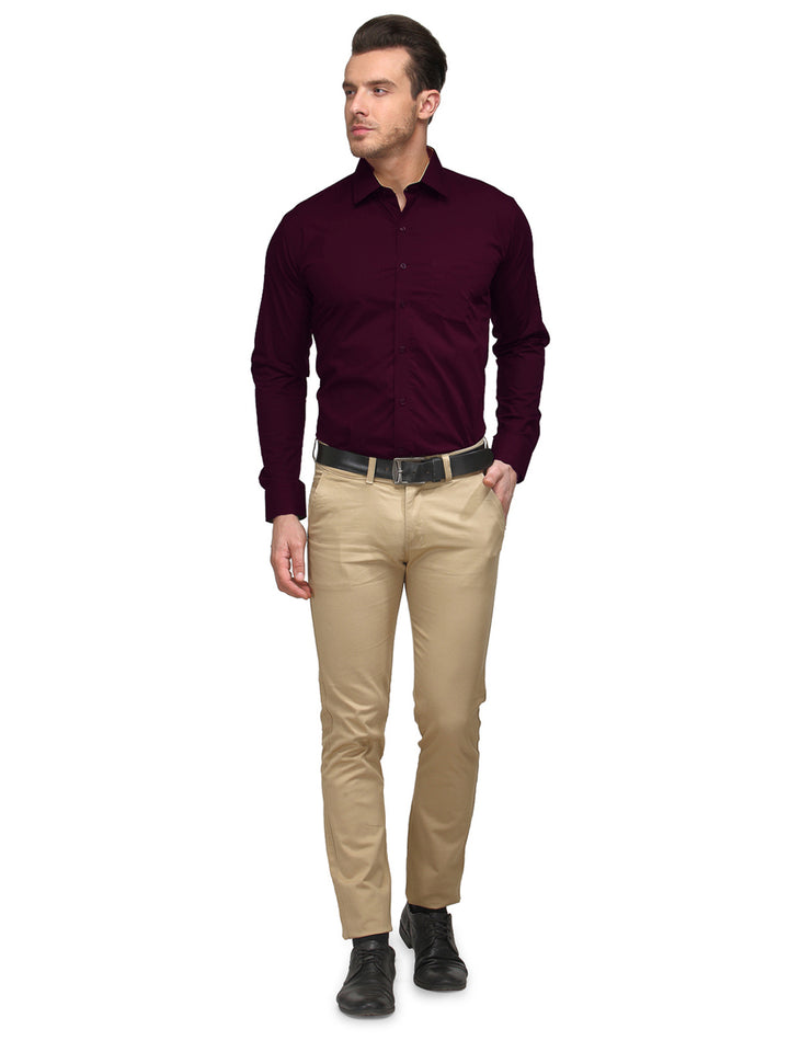 Men Wine Solid Slim Fit Pure Cotton Formal Shirt