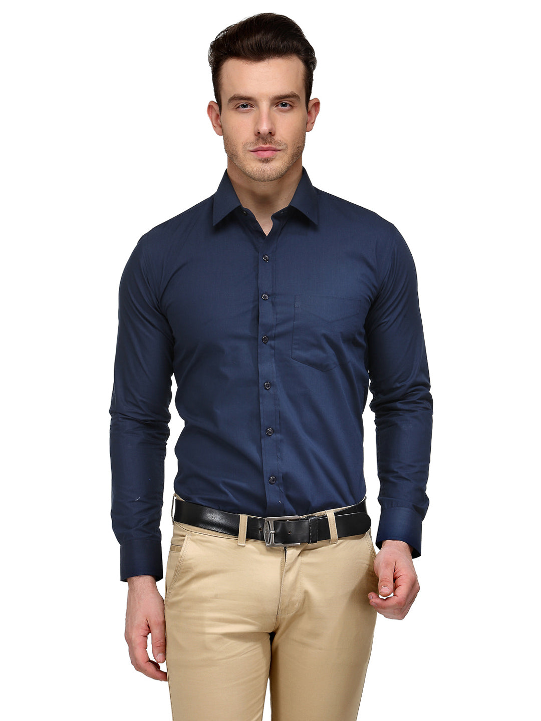 Long Sleeve Blue Khaki Trousers Men Navy Blue Solid Slim Fit