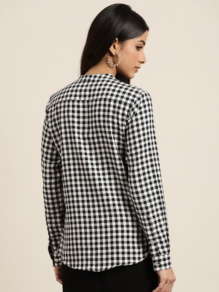 Women Black & White Checked Pure Cotton Slim Fit Formal Top