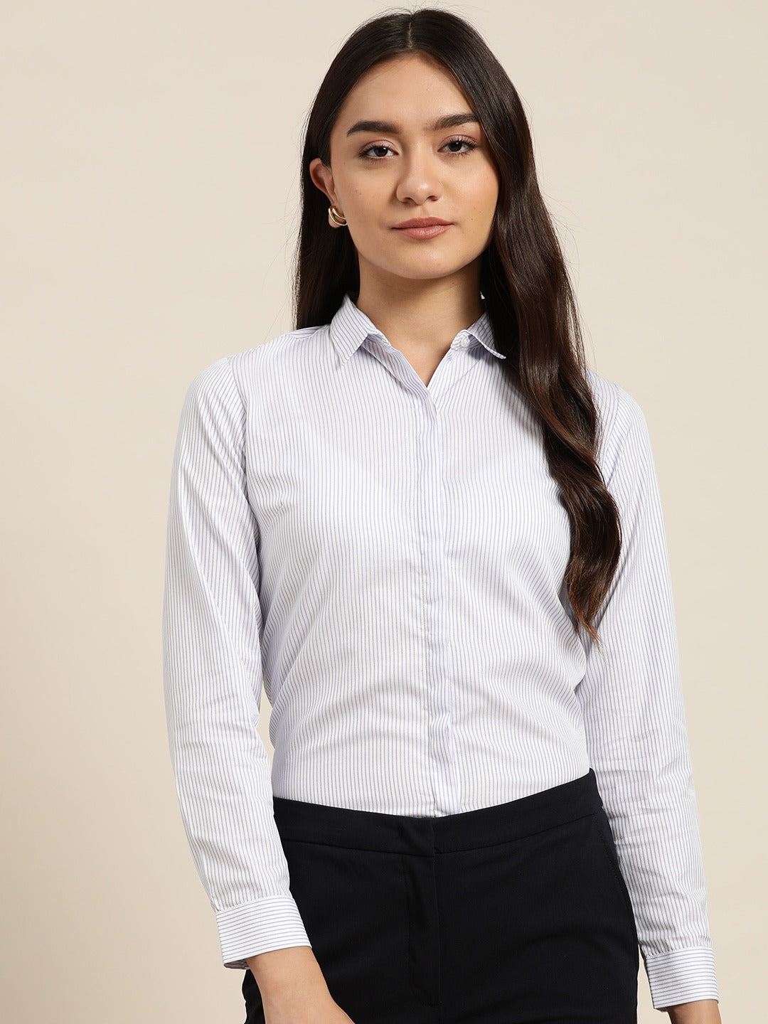 Hancock Women White-Blue Stripes Pure Cotton Slim Fit Formal Shirt