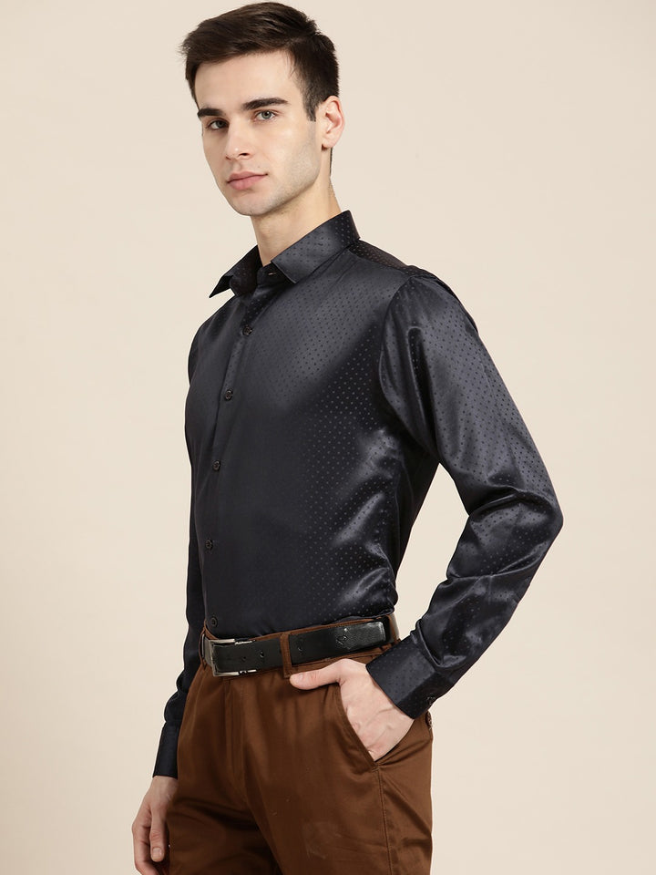 Men Navy Blue Solid Self Design Polyester Satin Slim Fit Party Formal Shirt