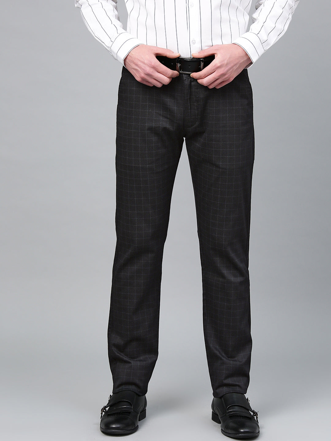 Men Black Cotton Checked Slim Fit Casual Trouser