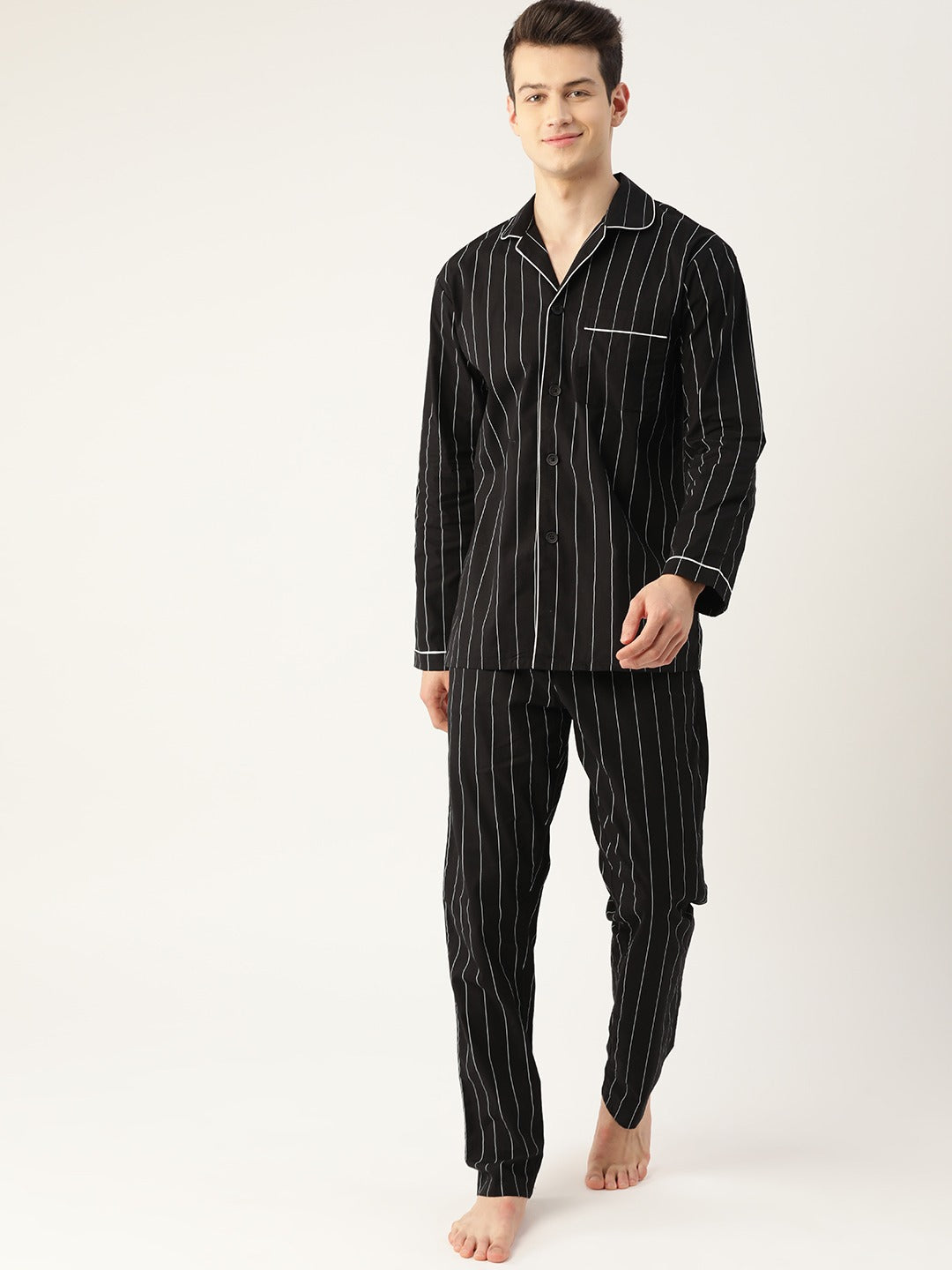 night wear Men Black Stripes Pure Cotton Regular Fit Night Wear Night Suit
