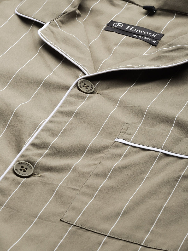 Men Grey Stripes Pure Cotton Regular Fit Night Wear Night Suit