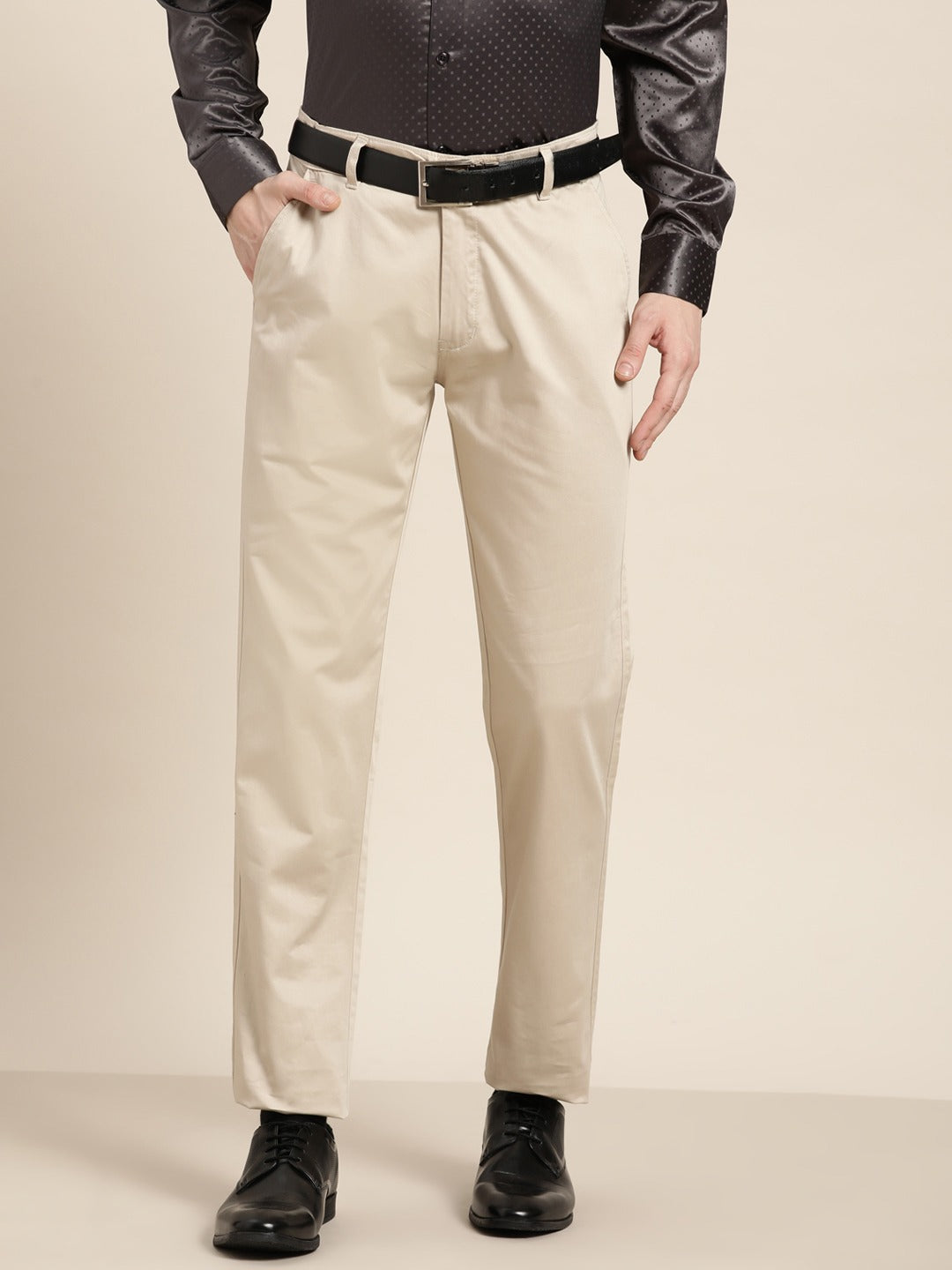 Men Light Beige Solids Pure Cotton Slim Fit Formal Trouser