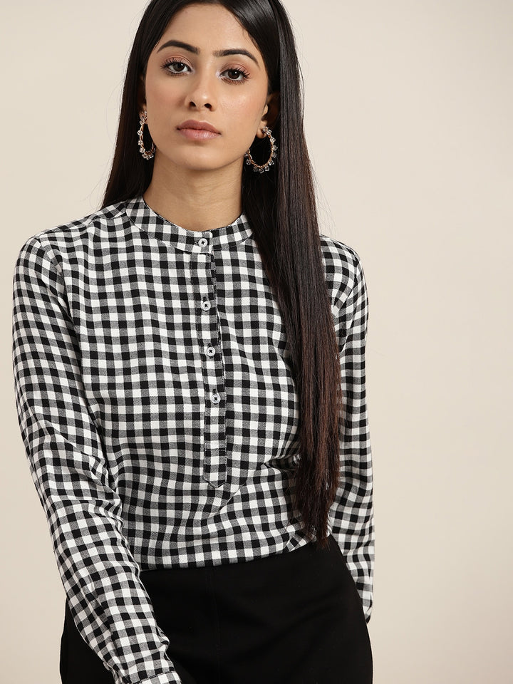 Women Black & White Checked Pure Cotton Slim Fit Formal Top