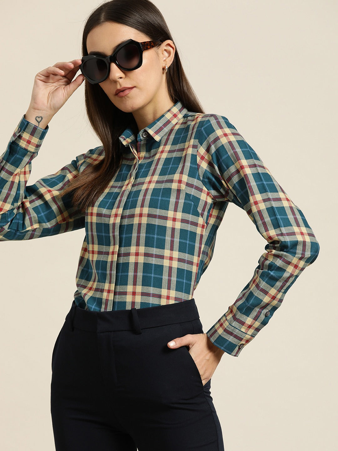 Women Turquoise Beige Tartan Plaided Checked Cotton Slim Fit Formal Shirt