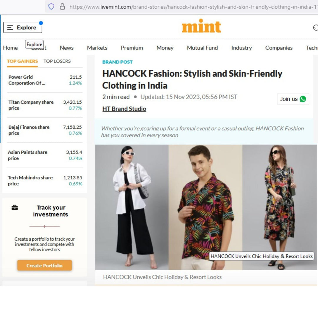 Celebrating Style and Comfort: Hancock Fashion's Skin-Friendly Clothing in India Featured on Live Mint