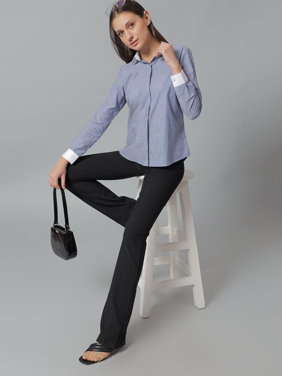 Women Blue &White Stripes Pure Cotton Regular Fit Formal Shirt