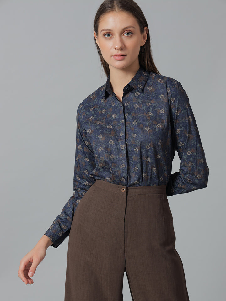 Women Navy  Prints Pure Cotton Regular Fit Formal Shirt