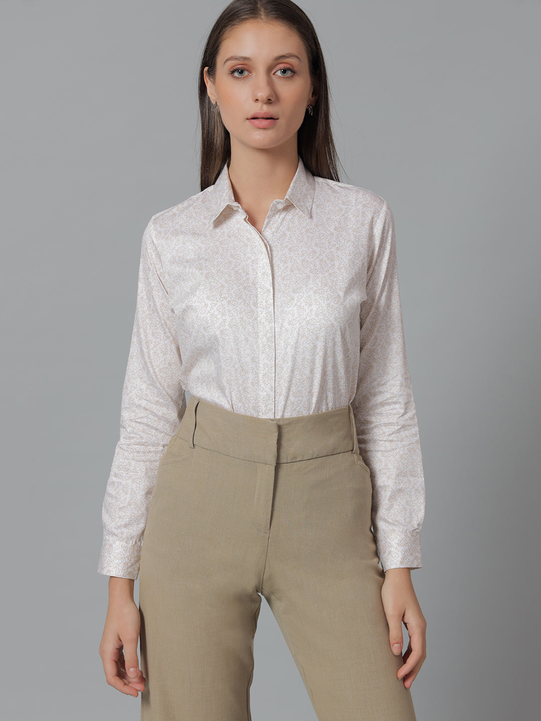 Women Cream Prints Pure Cotton Regular Fit Formal Shirt