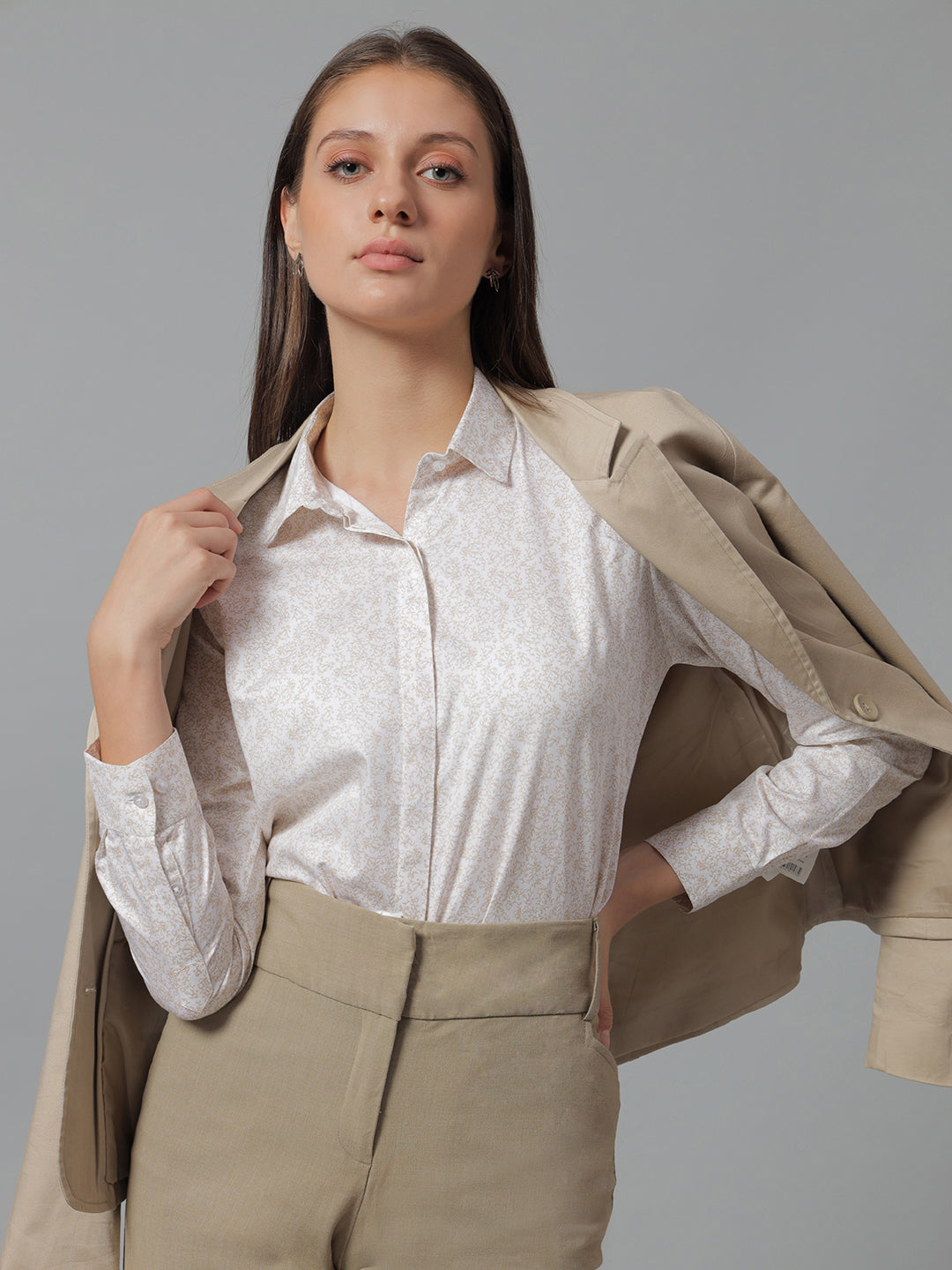 Women Cream Prints Pure Cotton Regular Fit Formal Shirt