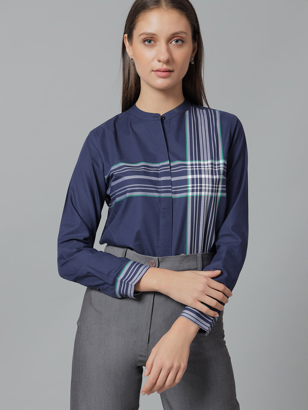 Women Grey & Navy  Stripes Pure Cotton Regular Fit Formal Shirt