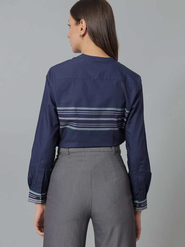 Women Grey & Navy  Stripes Pure Cotton Regular Fit Formal Shirt