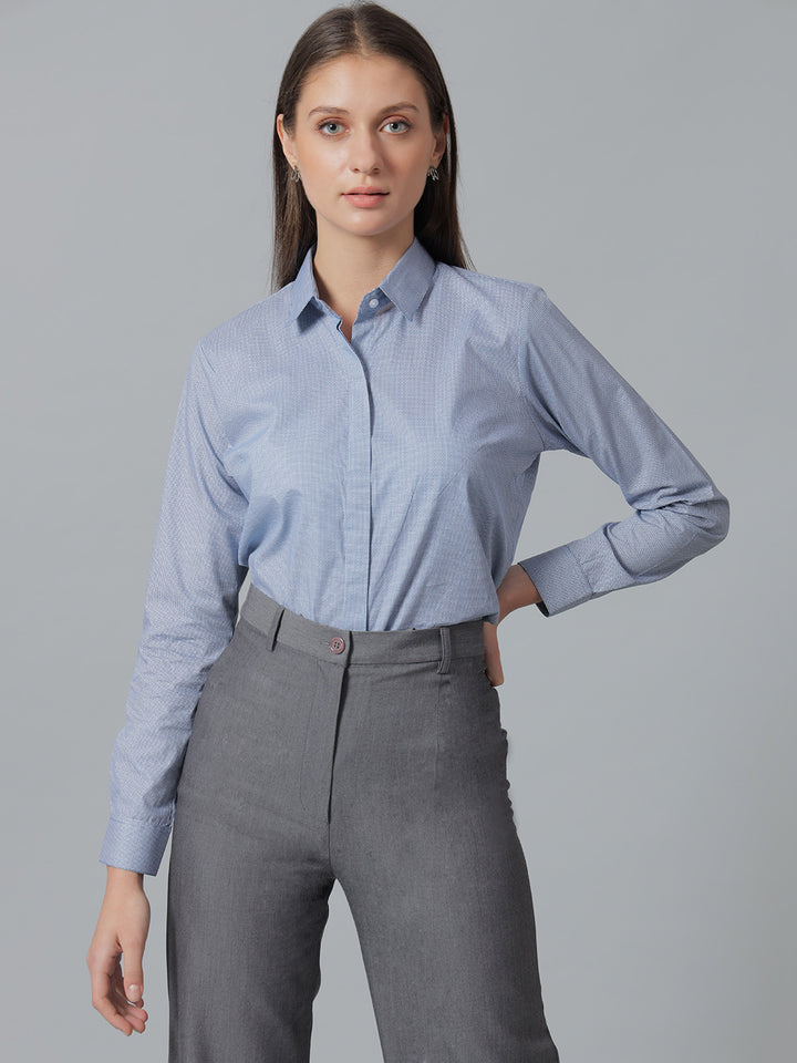 Women Blue &White Solid Pure Cotton Regular Fit Formal Shirt