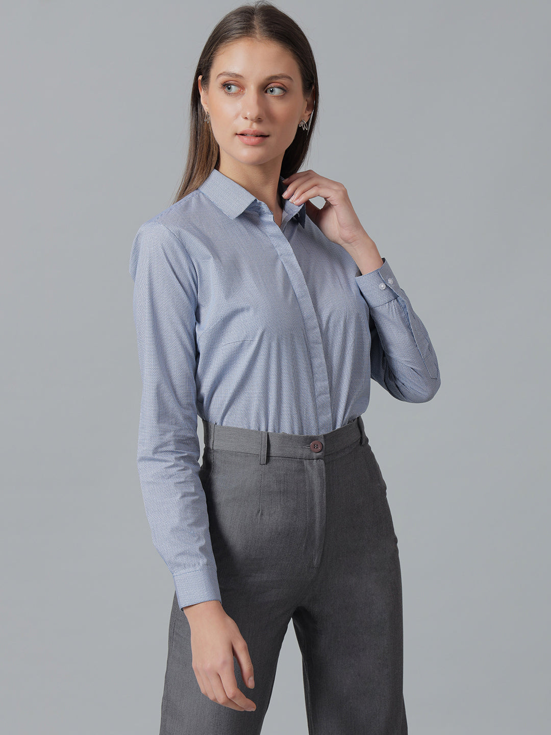 Women Blue &White Solid Pure Cotton Regular Fit Formal Shirt