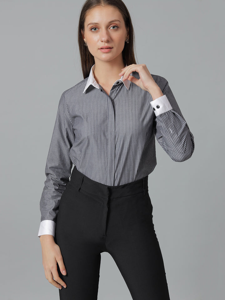 Women Grey & White Stripes Pure Cotton Regular Fit Formal Shirt