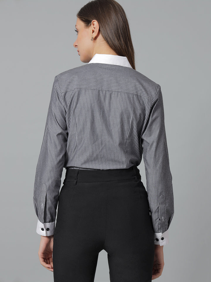 Women Grey & White Stripes Pure Cotton Regular Fit Formal Shirt