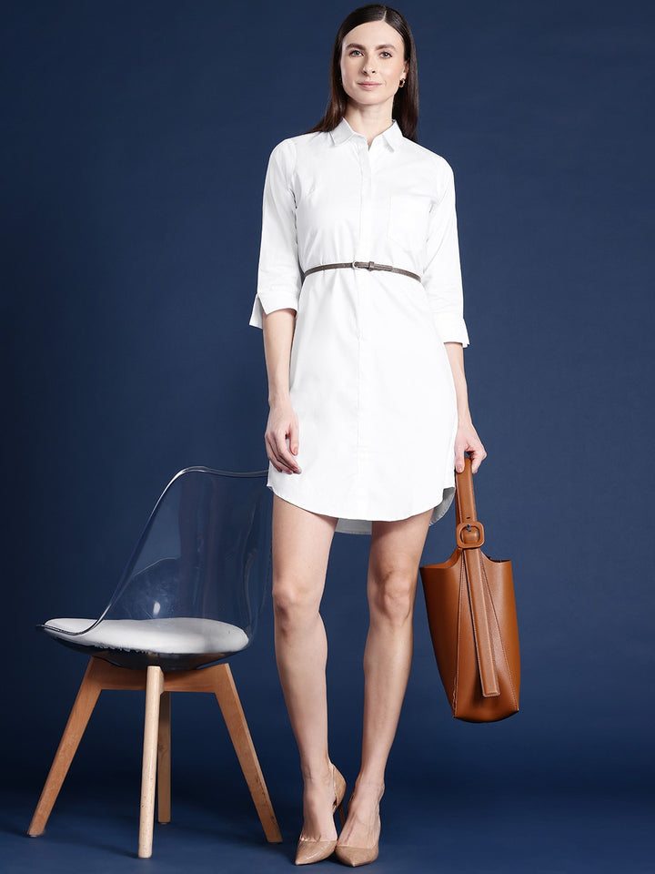 Women White Solid Pure Cotton Regular Fit Formal Shirt Dress