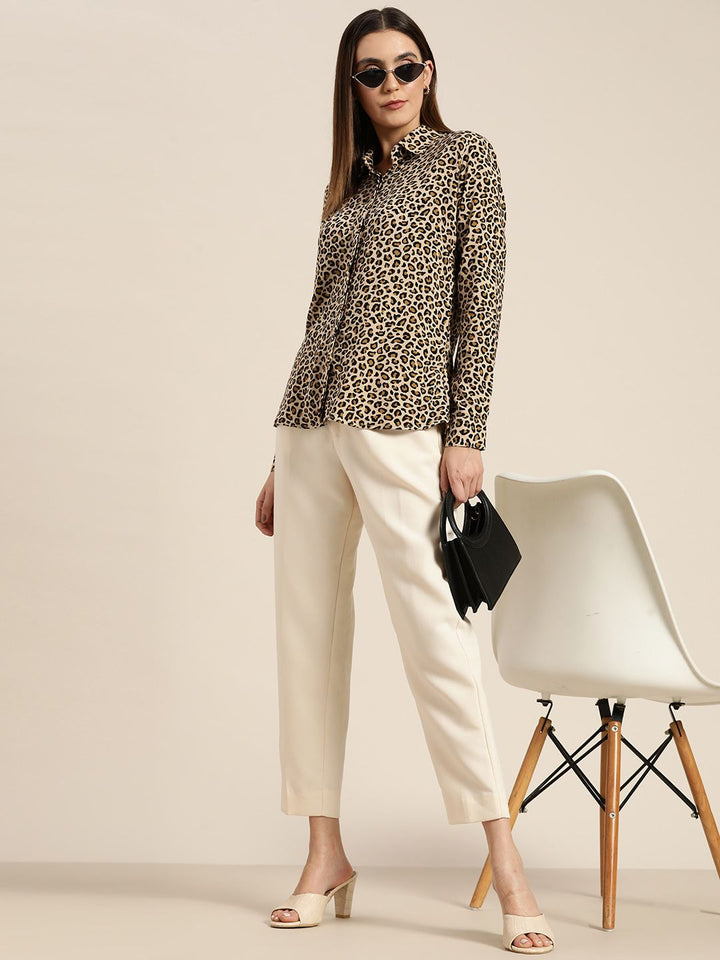 Women Beige Leapord Print Viscose Rayon Rayon Casual Shirt