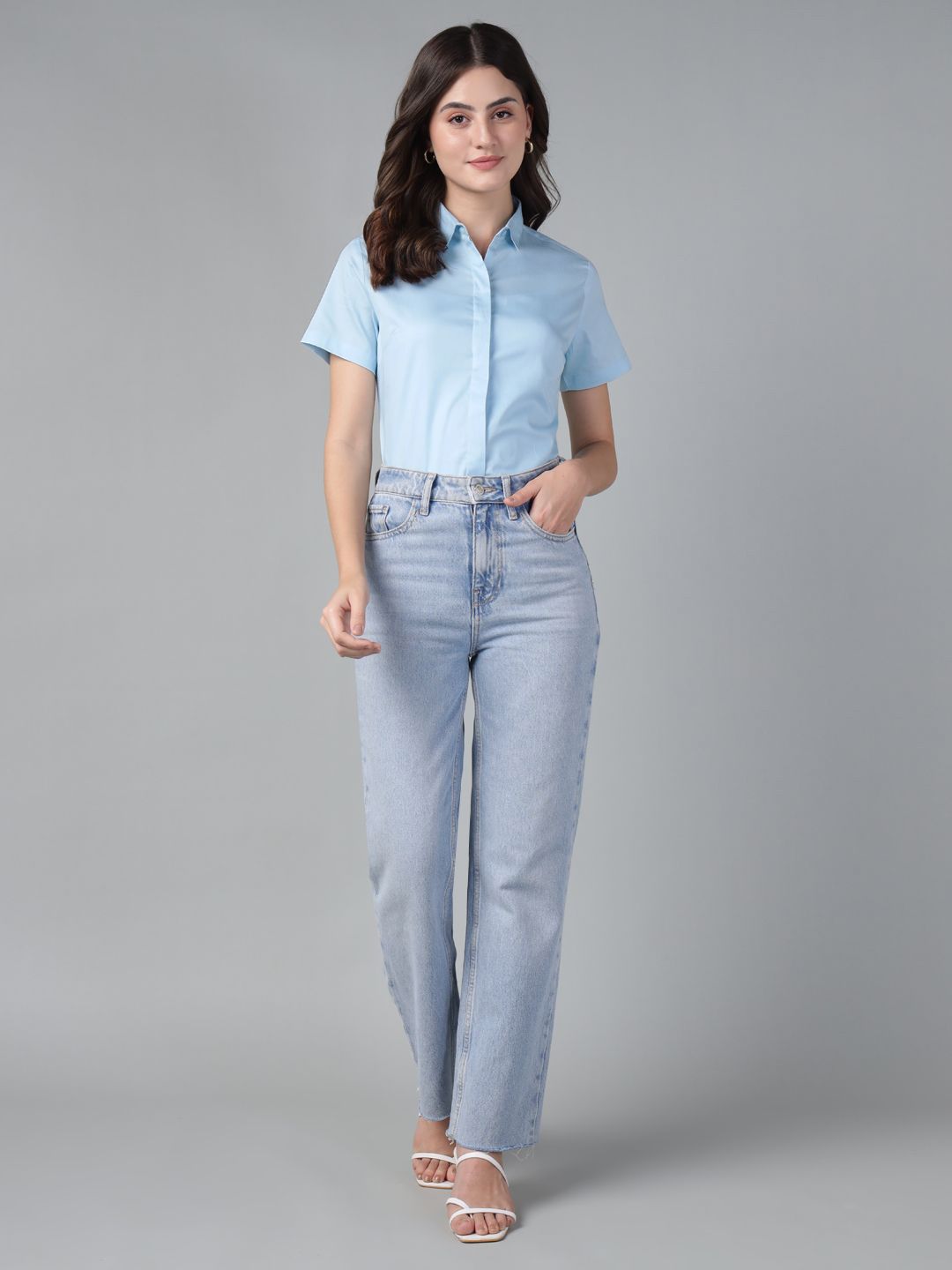 Hancock Women Sky Blue Solid Pure Cotton Short Sleeve Slim Fit Formal Shirt