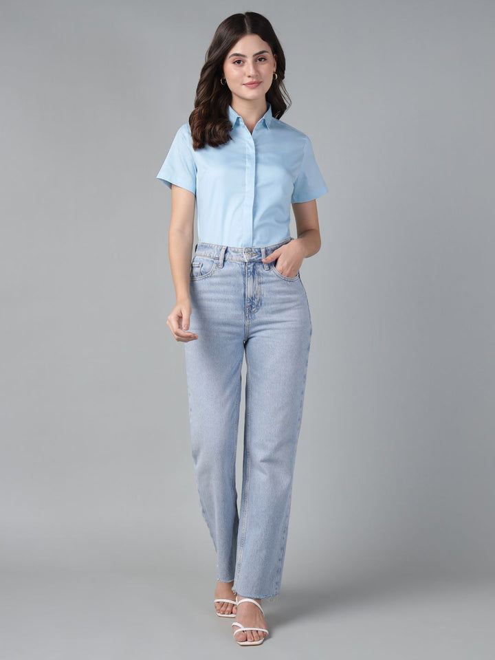 Hancock Women Sky Blue Solid Pure Cotton Short Sleeve Slim Fit Formal Shirt