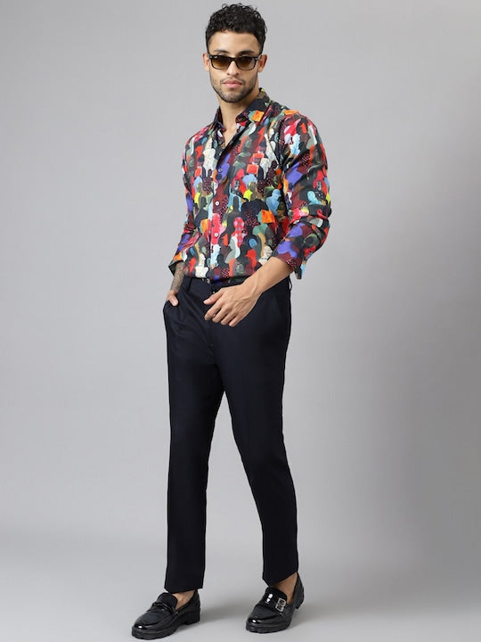 Men Black &Multi Abstract Printed Viscose Rayon Slim Fit Party Shirt