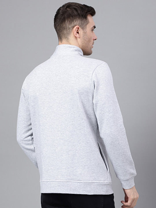 Men Melange Grey Solid Half Zipper Long Sleeves Fleece Sweatshirt