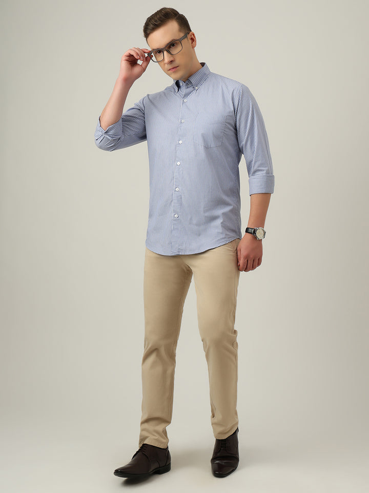 Hancock   Men   Blue & White   Stripes   Pure Cotton   Slim Fit   Formal   Shirt