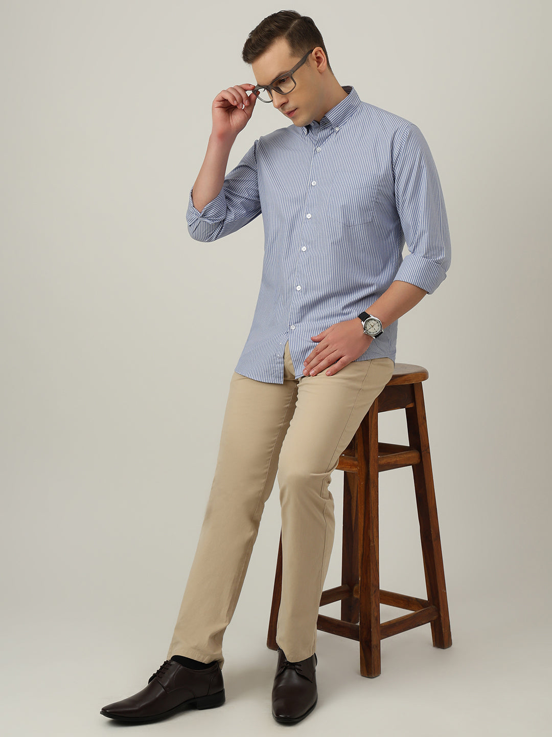 Hancock   Men   Blue & White   Stripes   Pure Cotton   Slim Fit   Formal   Shirt