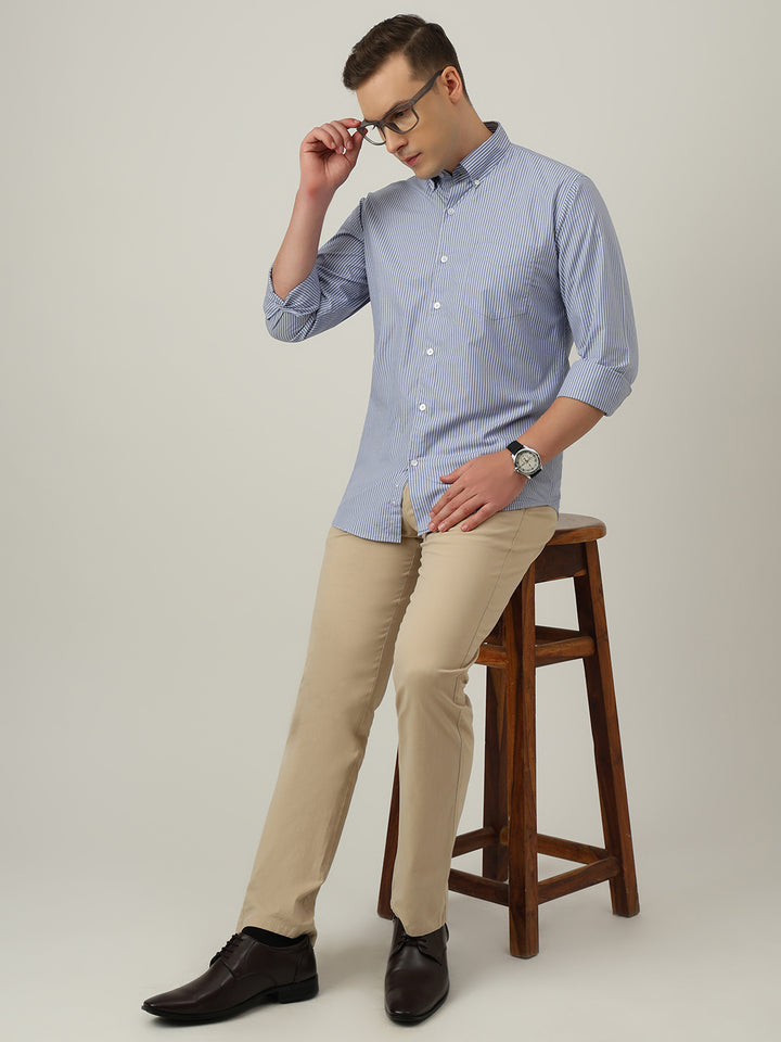 Hancock   Men   Blue & White   Stripes   Pure Cotton   Slim Fit   Formal   Shirt