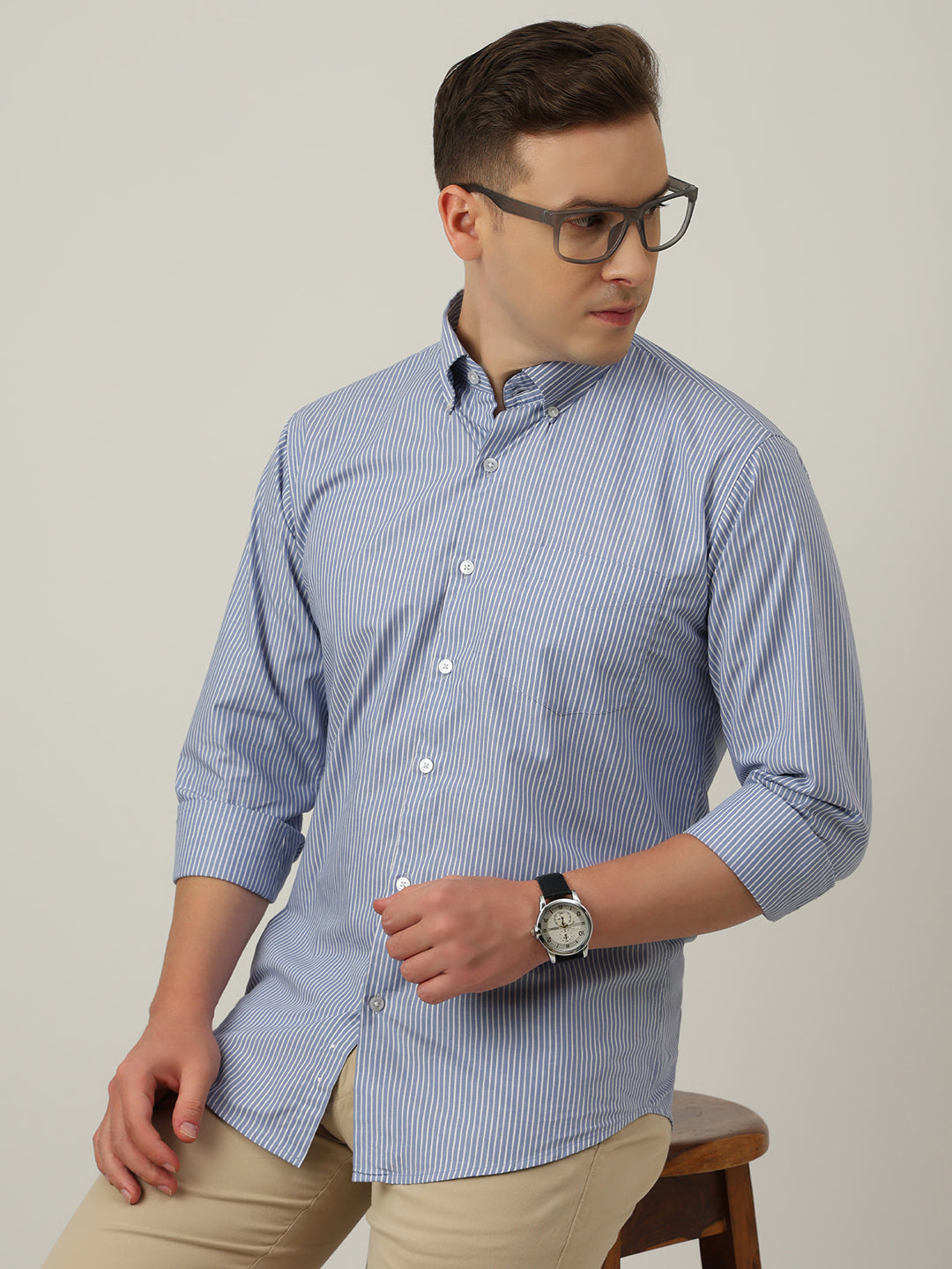 Hancock   Men   Blue & White   Stripes   Pure Cotton   Slim Fit   Formal   Shirt
