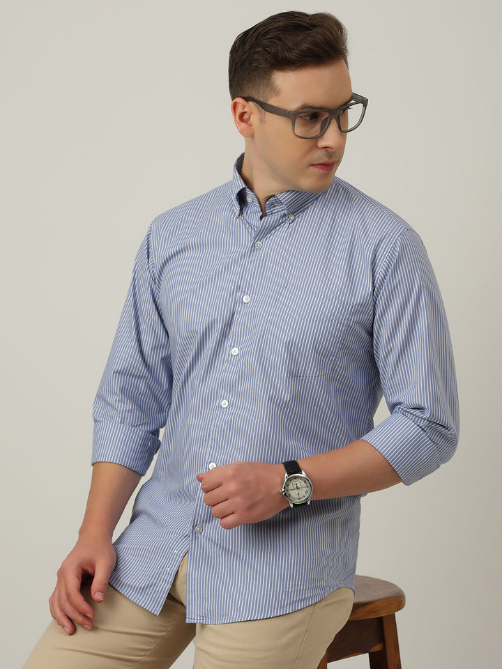 Hancock   Men   Blue & White   Stripes   Pure Cotton   Slim Fit   Formal   Shirt