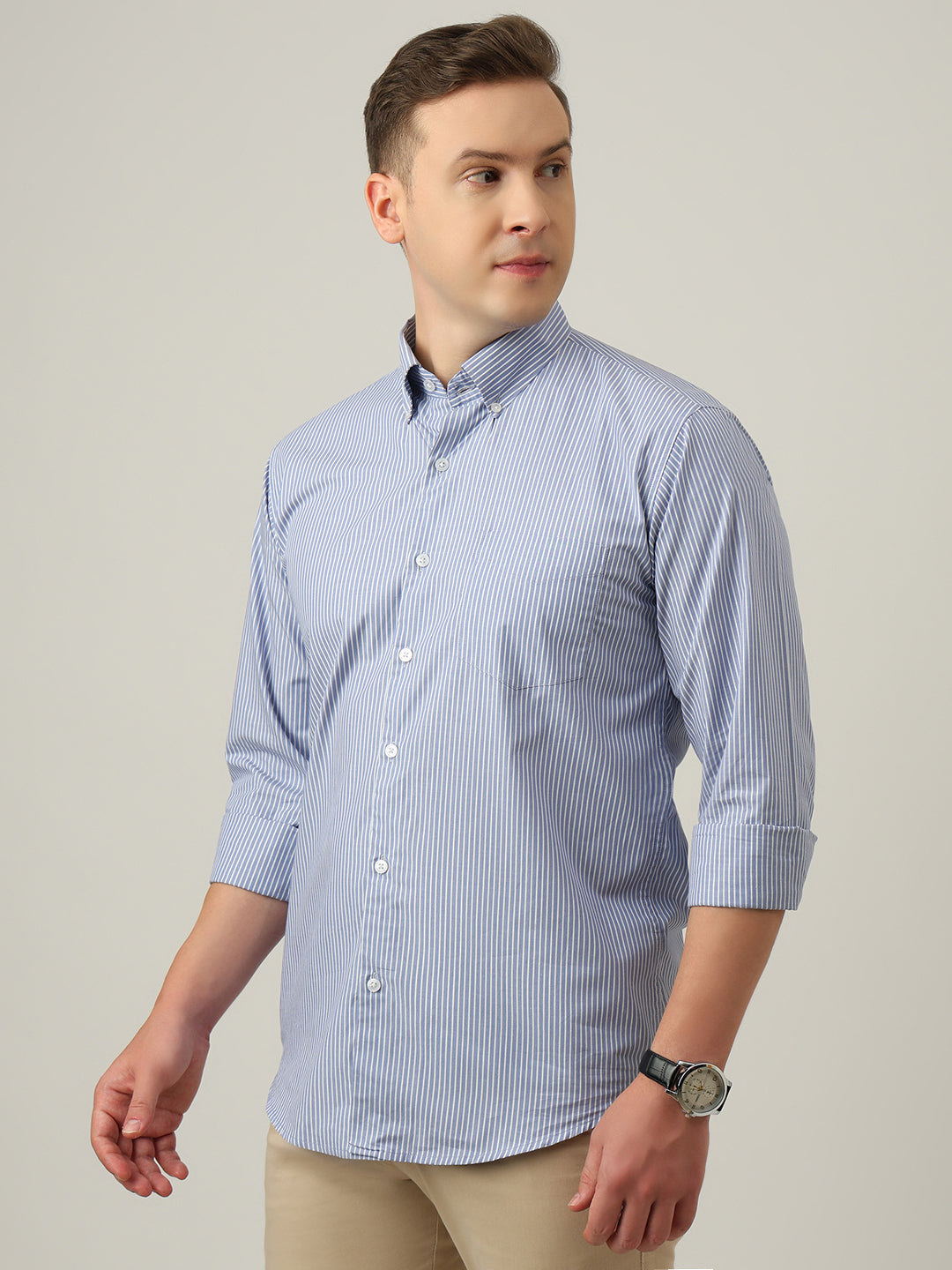 Hancock   Men   Blue & White   Stripes   Pure Cotton   Slim Fit   Formal   Shirt