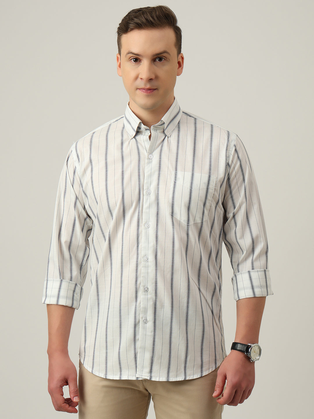 Hancock   Men   White   Stripes   Pure Cotton   Slim Fit   Formal   Shirt