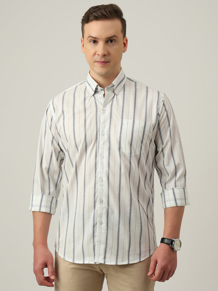 Hancock   Men   White   Stripes   Pure Cotton   Slim Fit   Formal   Shirt