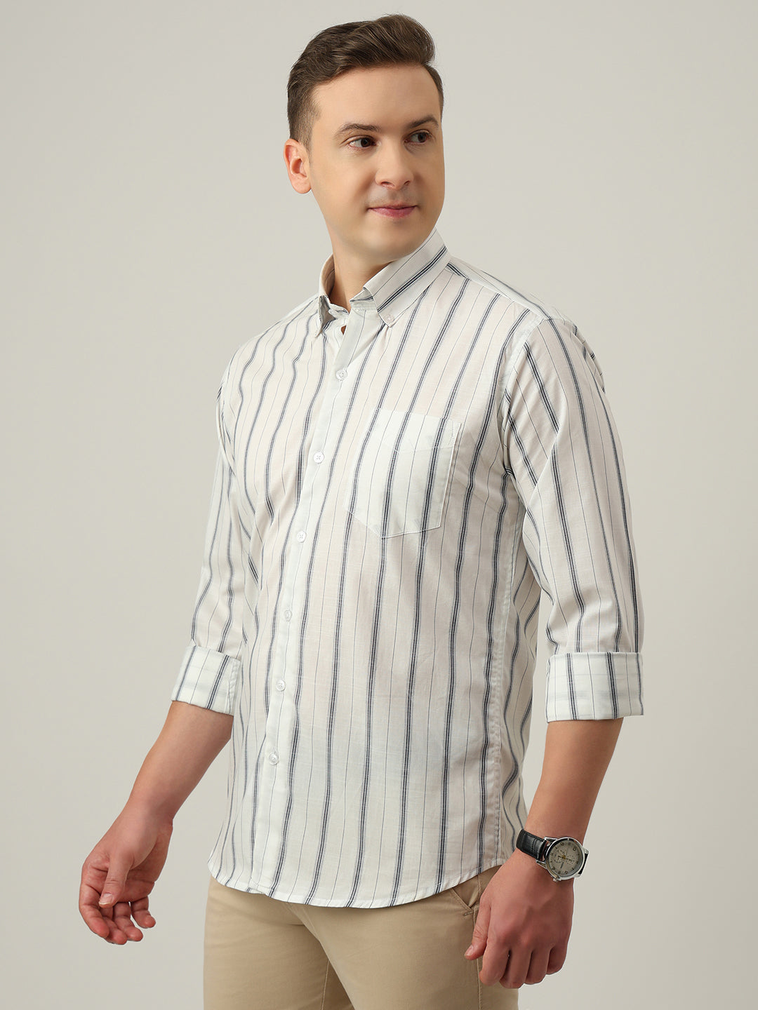 Hancock   Men   White   Stripes   Pure Cotton   Slim Fit   Formal   Shirt
