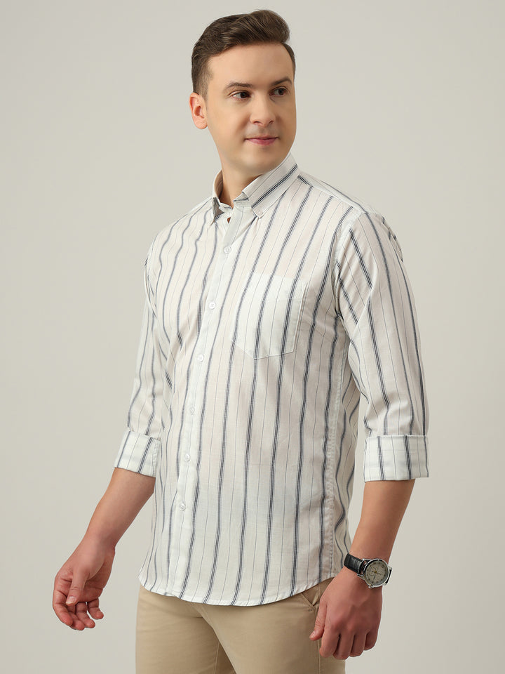 Hancock   Men   White   Stripes   Pure Cotton   Slim Fit   Formal   Shirt