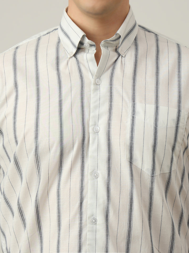 Hancock   Men   White   Stripes   Pure Cotton   Slim Fit   Formal   Shirt