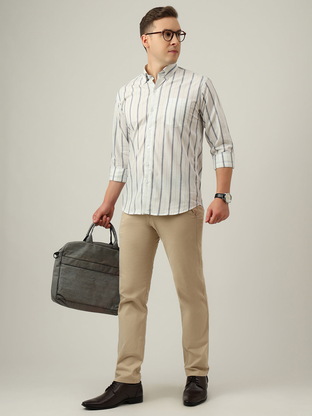 Hancock   Men   White   Stripes   Pure Cotton   Slim Fit   Formal   Shirt