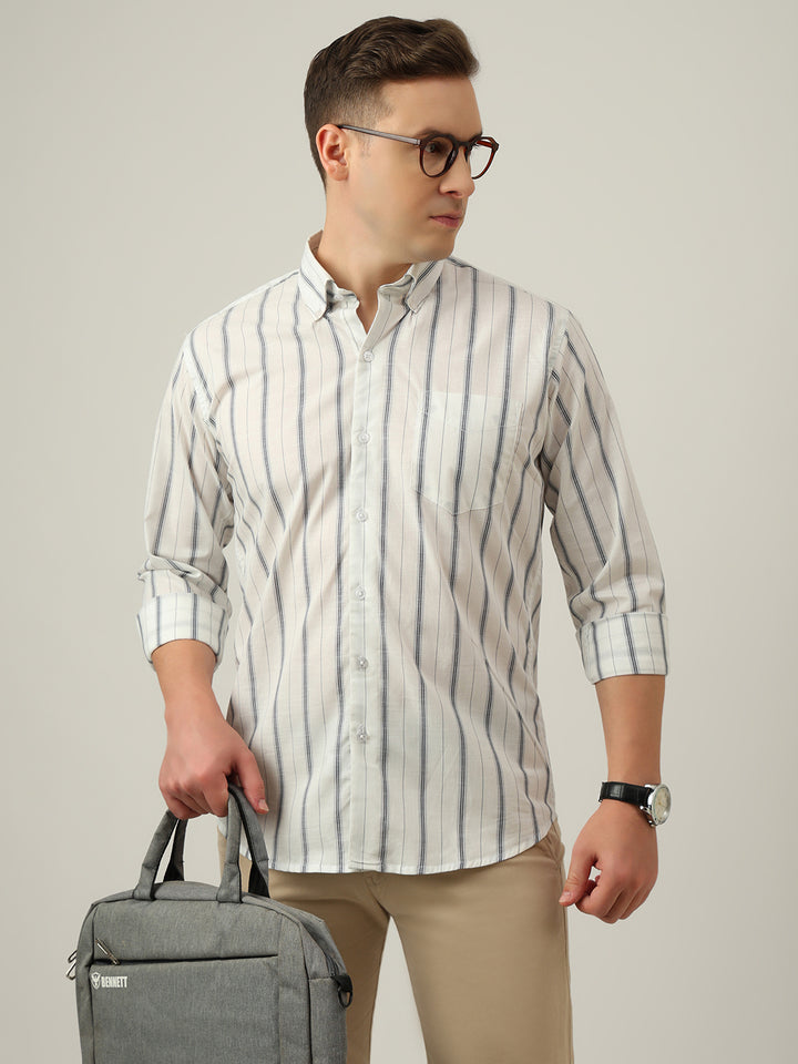 Hancock   Men   White   Stripes   Pure Cotton   Slim Fit   Formal   Shirt